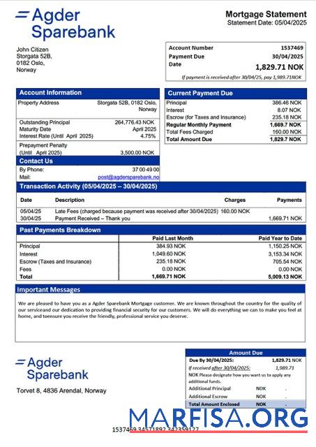 Printable Norway Agder Sparebank mortgage statement Word and PDF template